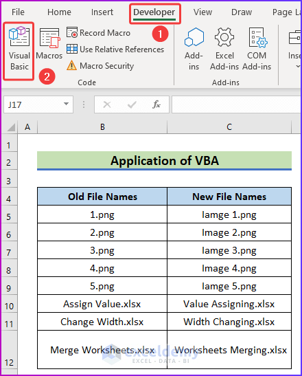 Selecting Developer Tab for Applying VBA as An Easy Way to Rename Files in A Folder in Excel