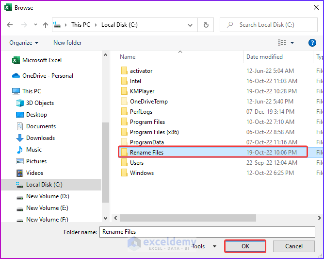 Selecting Folder after Applying VBA Code as An Easy Way to Rename Files in A Folder in Excel