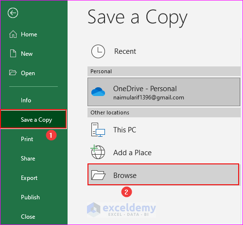 Using Save a Copy Command to Save a Copy of an Excel File