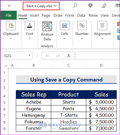 Using Save a Copy Command to Save a Copy of an Excel File