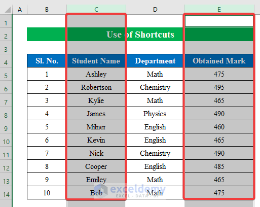Using Shortcuts to Select Multiple Columns