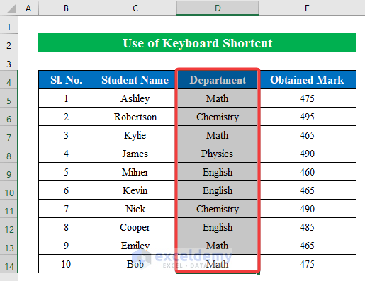 Keyboard Shortcut to Select Column with Data in Excel