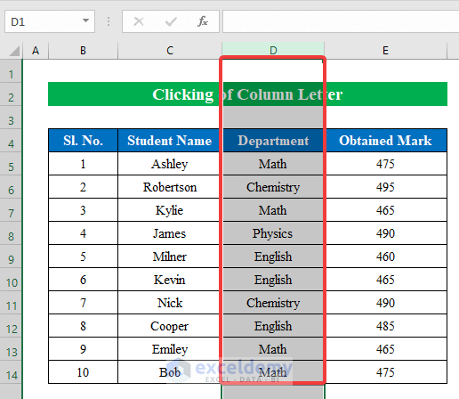 Clicking of Column Letter to Select an Entire Column