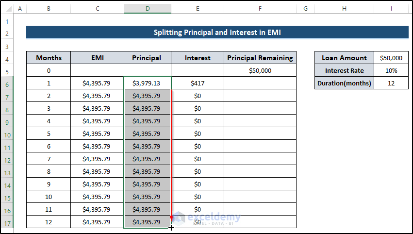 Extract Principal from EMI in Excel