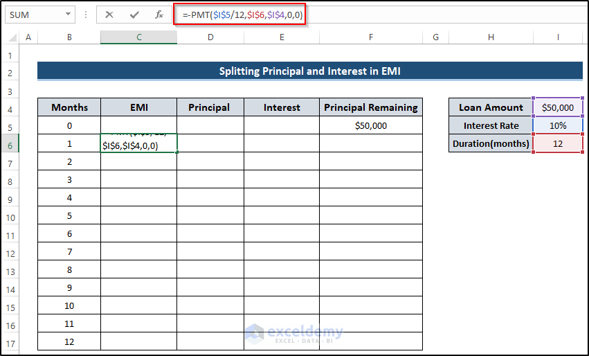 Calculate EMI to Split Principal and Interest 