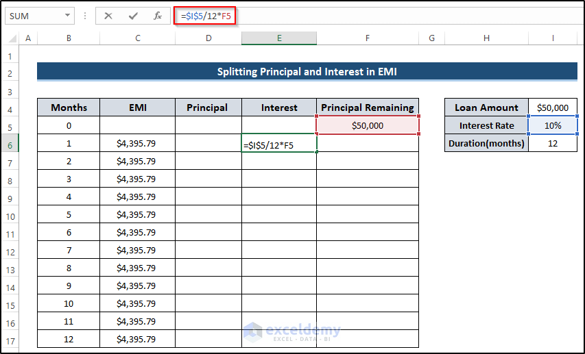 Split Interest in EMI in Excel