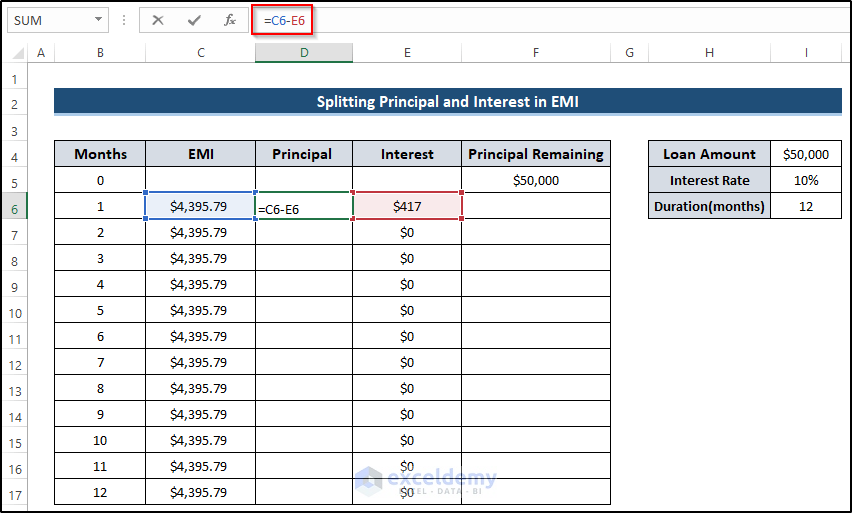 Split Principal in EMI in Excel