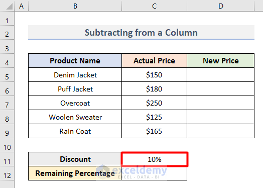 How to Subtract 10 Percent from a Column in Excel