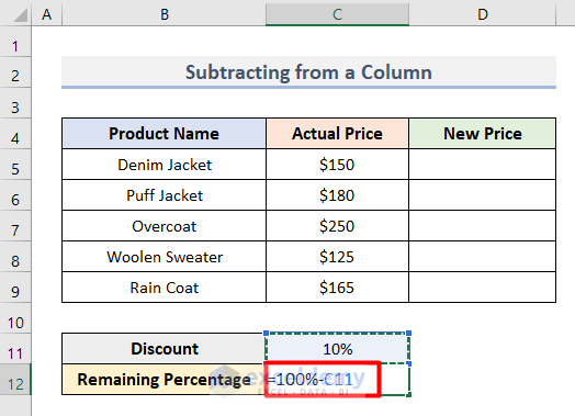 How to Subtract 10 Percent from a Column in Excel