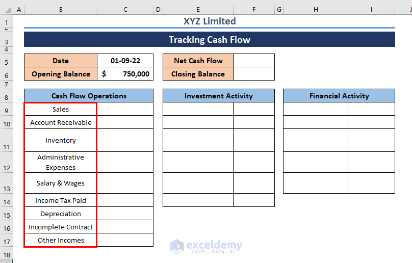 Input Factors to Track Cash Flow in Excel