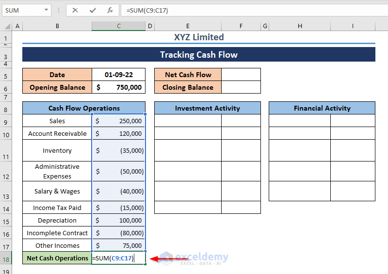 Total Amount of Cash Flow Operations to Tack Cash Flow in Excel