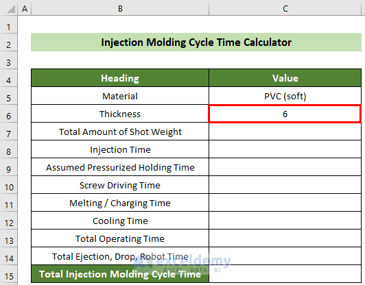 Record Thickness in Injection Molding Cycle Time Calculator in Excel
