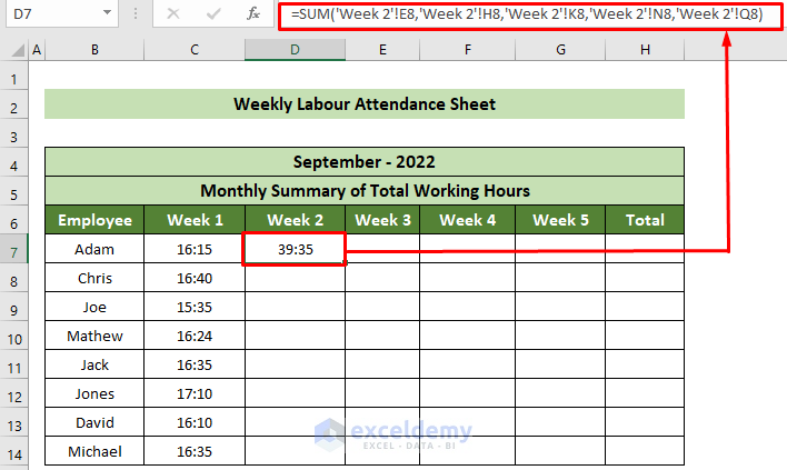 Formula to Calculate Total Time Worked in Week in Labour Attendance Sheet in Excel Format