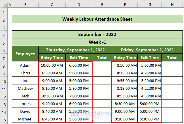 Time Records of Labour Attendance Sheet in Excel Format