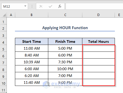 Utilizing HOUR Function to Get Working Hours