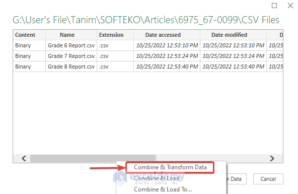 Choose the Combine & Transform Data Option to Merge CSV Files into a Single Sheet