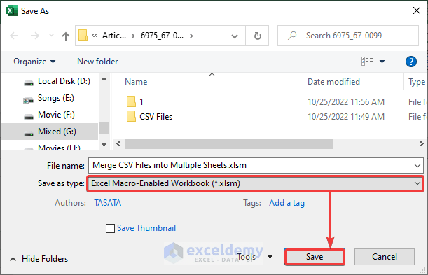 Save the Excel File as .xlsm File to Merge CSV Files into Multiple Sheets