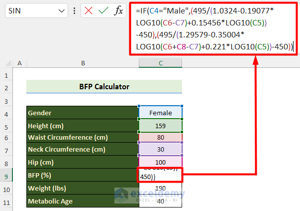 metabolic age calculator in Excel