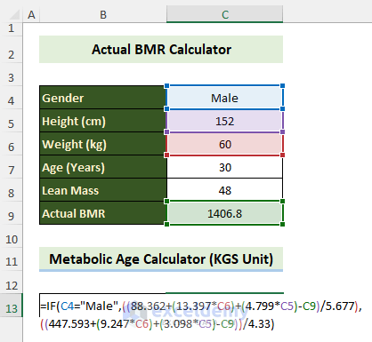 Metabolic age calculator in Excel using BMR