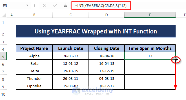 YEARFRAC function to find Number of Months Between Dates in Excel