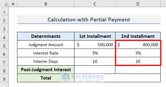 Post-Judgement Calculator with Partial Payment in Excel