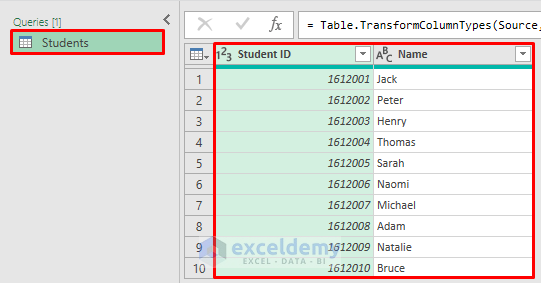 Students Table in the Power Query Window