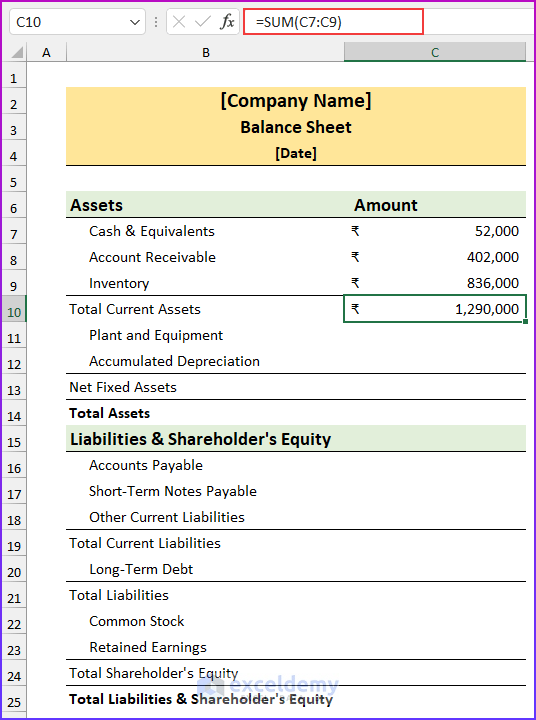Basic Balance Sheet Format in Excel with Formula
