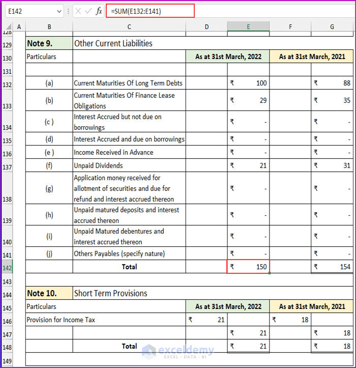 Notes 9,10 to Create Revised Schedule 3 Balance Sheet Format in Excel with Formula
