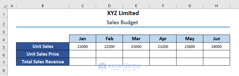 Number of products in sales Budget Example format