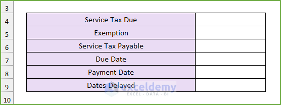 Creating the Required Fields to Perform Service Tax Late Payment Interest Calculation in Excel