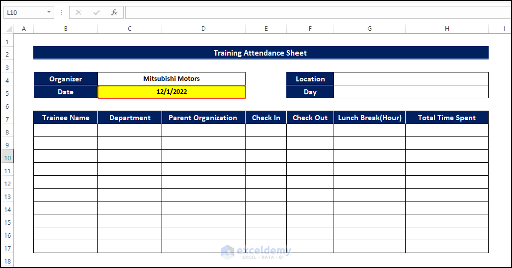 Assign Date and Day to create training attendance sheet excel