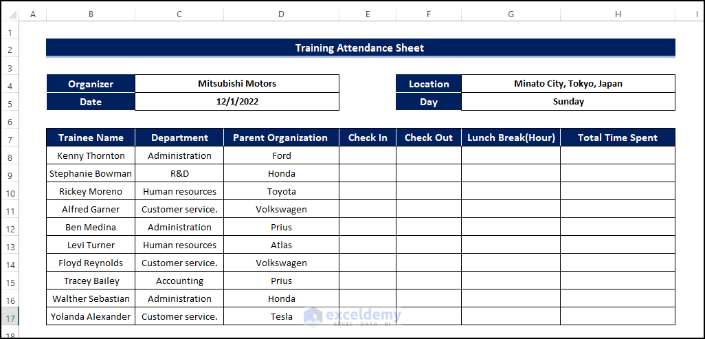 Allocate Check In, Check Out, Lunch Break, and Parent Organization Name to create training attendance sheet excel