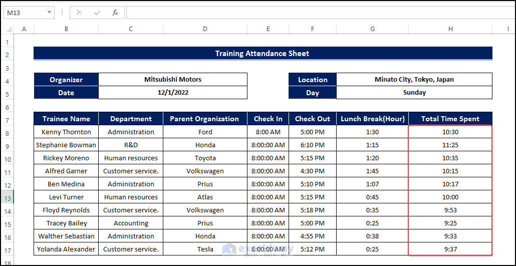 Calculate Total Time to create training attendance sheet excel