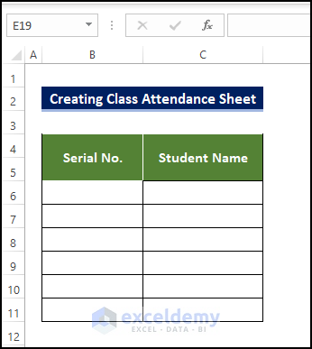 Add Serial No. and Student Name Column to create trainee attendance sheet in Excel