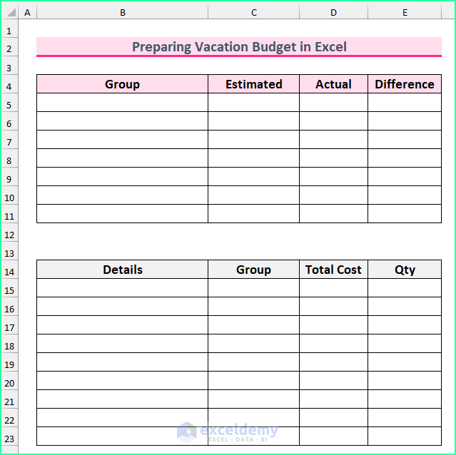 Setting Up Dataset to Prepare Vacation Budget in Excel