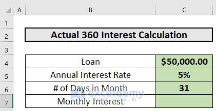 dataset for actual 360 interest calculation excel