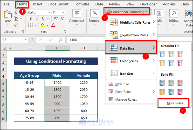 Using Conditional Formatting to Create Age and Gender Chart in Excel