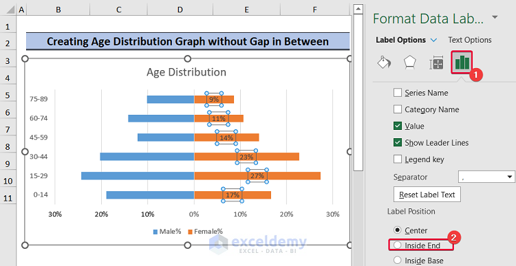 repositioning data labels to create an age distribution graph in excel