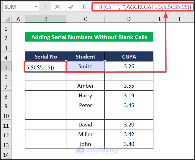 Using AGGREGATE formula for serial number in Excel without blank cell
