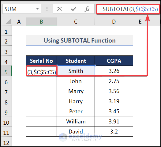Using SUBTOTAL Formula As an Alternative to AGGREGATE Formula for serial number in Excel
