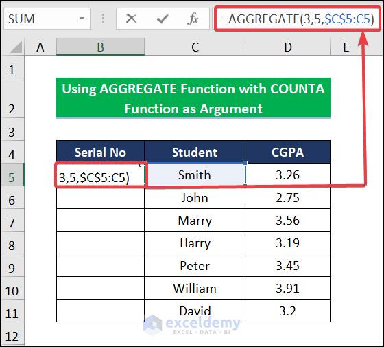 Using AGGREGATE Function with COUNTA Function as Argument for serial number in Excel