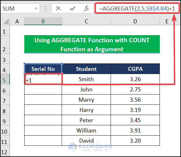 Utilizing AGGREGATE Function with COUNT Function as Argument for serial number in Excel
