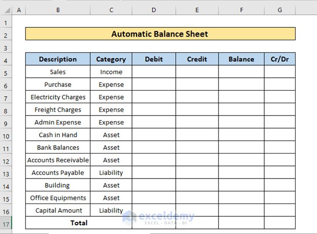 automatic balance sheet in excel step 1