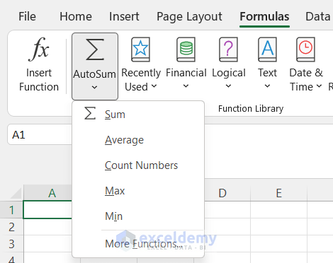 AutoSum command has the following Excel functions