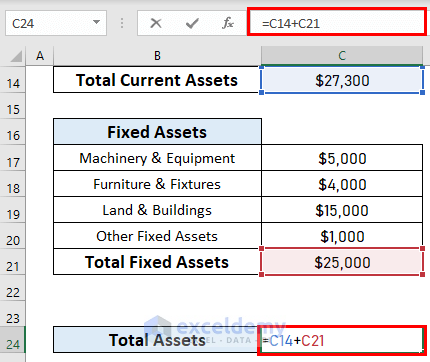 Asset calculation for balance sheet format for trading company in excel