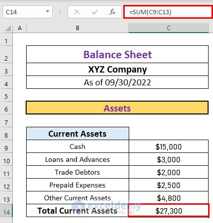 Asset calculation for balance sheet format for trading company in excel