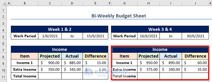 Create Biweekly Budget in Excel Manually