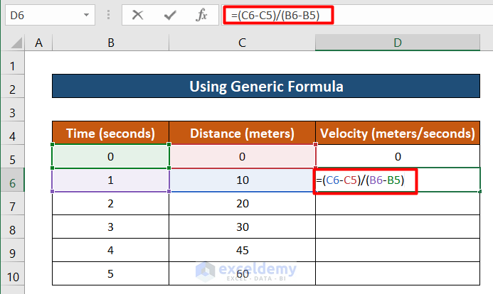 Generic formula to calculate derivative from data points excel