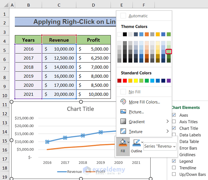 selecting fill color to change color of one line in excel chart