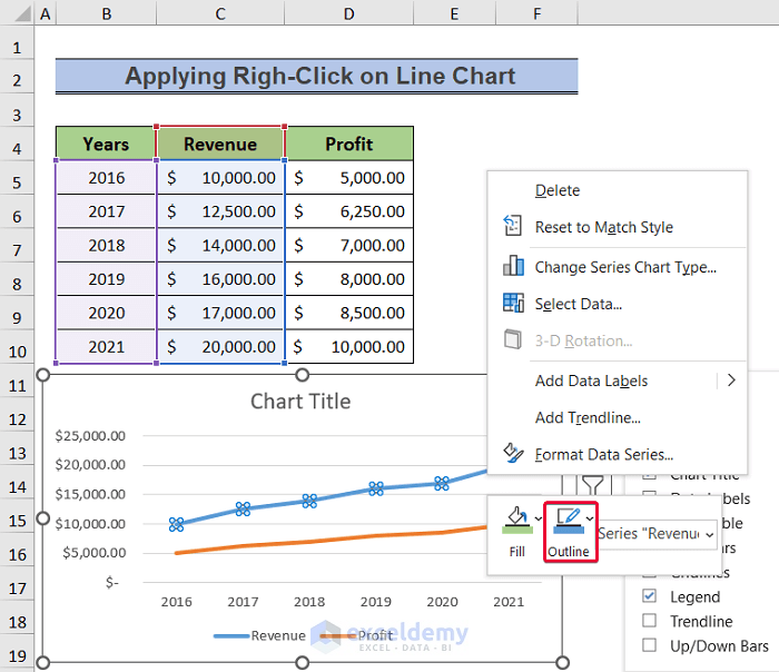 choosing outline option to change color of one line in excel chart